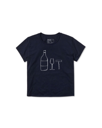 THIS BLACK TEE IS 100% ORGANIC. IT IS SOCIALLY RESPONSIBLE AND ENVIRONMENTALLY FRIENDLY. IT IS BLACK WITH WHITE IMAGE OF A WINE BOTTLE, WINE GLASS AND A CORKSCREW.